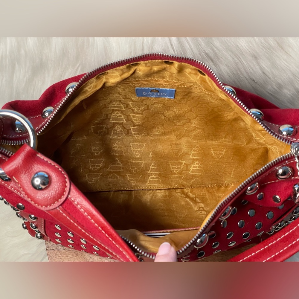 KATHY VAN ZEELAND Red Faux Suede w/Silver Tone Stud Detail Shoulder Bag - Picture 8 of 10